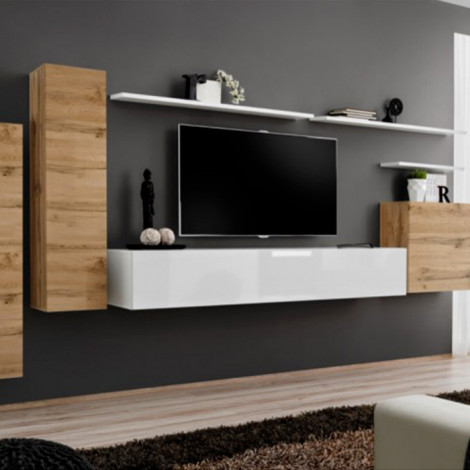 Meuble TV Mural Design "Switch I" 330cm Naturel & Blanc|Meuble TV|Paris Prix
