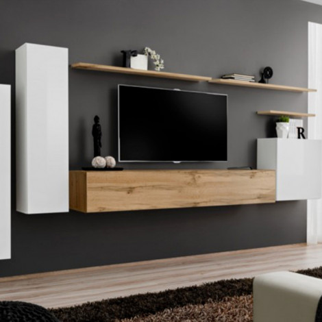 Meuble TV Mural Design "Switch I" 330cm Blanc & Naturel|Meuble TV|Paris Prix