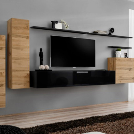 Meuble TV Mural Design "Switch I" 330cm Naturel & Noir|Meuble TV|Paris Prix