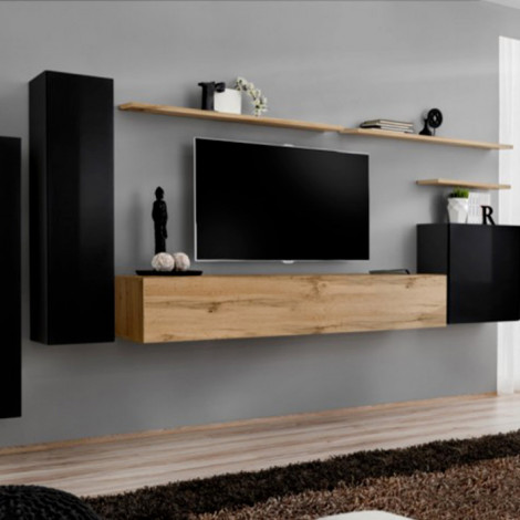 Meuble TV Mural Design "Switch I" 330cm Noir & Naturel|Meuble TV|Paris Prix
