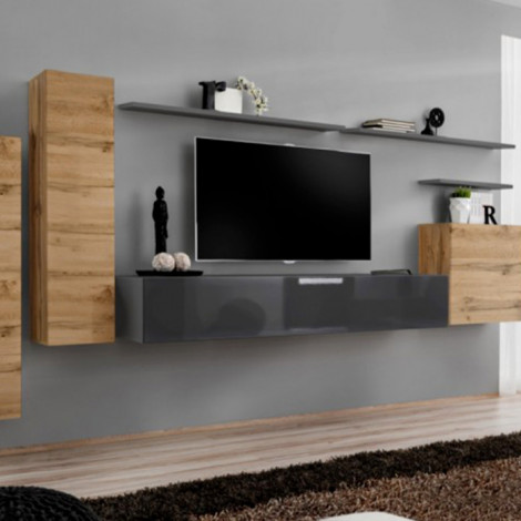 Meuble TV Mural Design "Switch I" 330cm Naturel & Gris|Meuble TV|Paris Prix