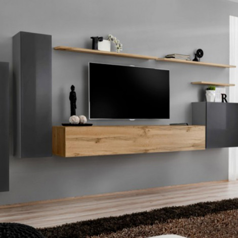 Meuble TV Mural Design "Switch I" 330cm Gris & Naturel|Meuble TV|Paris Prix