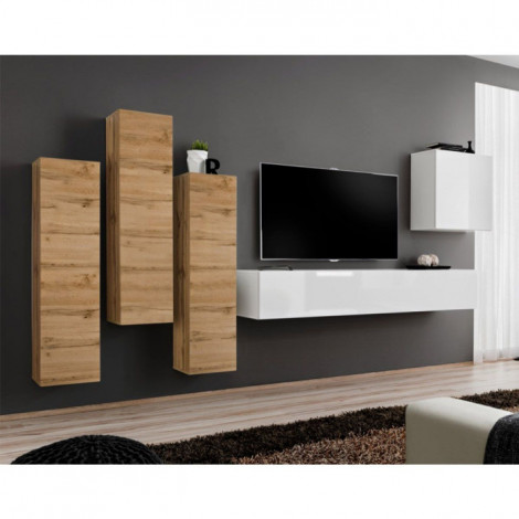 Meuble TV Mural Design "Switch III" 330cm Naturel & Blanc|Meuble TV|Paris Prix