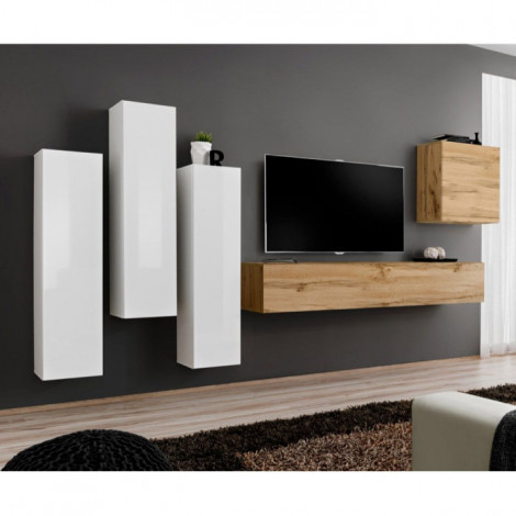 Meuble TV Mural Design "Switch III" 330cm Blanc & Naturel|Meuble TV|Paris Prix