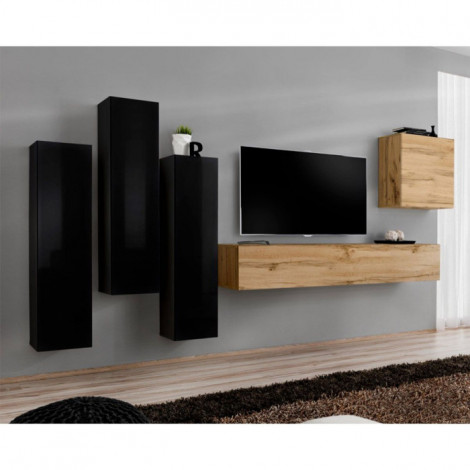 Meuble TV Mural Design "Switch III" 330cm Noir & Naturel|Meuble TV|Paris Prix