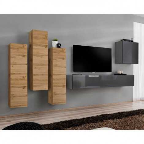 Meuble TV Mural Design "Switch III" 330cm Naturel & Gris|Meuble TV|Paris Prix