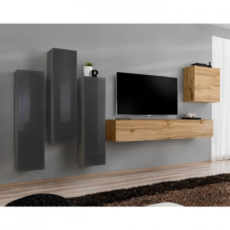 Meuble TV Mural Design "Switch III" 330cm Gris & Naturel|Meuble TV|Paris Prix