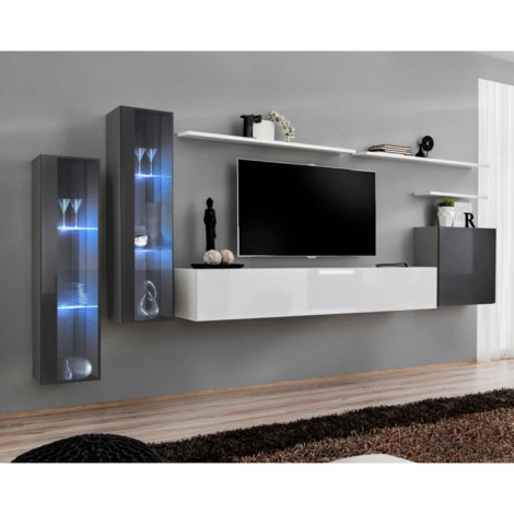 Meuble TV Mural Design "Switch XI" 330cm Gris & Blanc|Meuble TV|Paris Prix