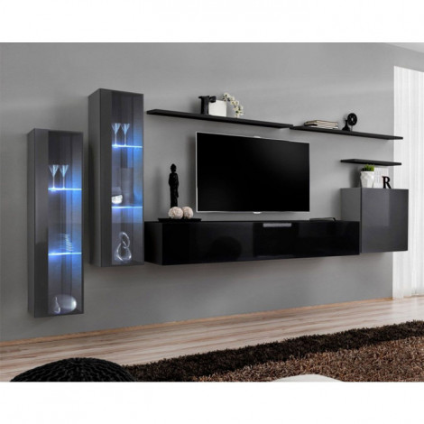 Meuble TV Mural Design "Switch XI" 330cm Gris & Noir|Meuble TV|Paris Prix
