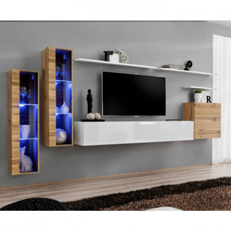 Meuble TV Mural Design "Switch XI" 330cm Naturel & Blanc|Meuble TV|Paris Prix