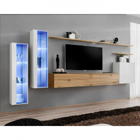 Meuble TV Mural Design "Switch XI" 330cm Blanc & Naturel|Meuble TV|Paris Prix
