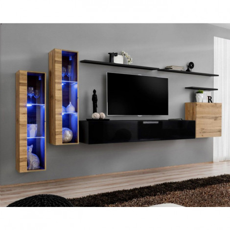 Meuble TV Mural Design "Switch XI" 330cm Naturel & Noir|Meuble TV|Paris Prix