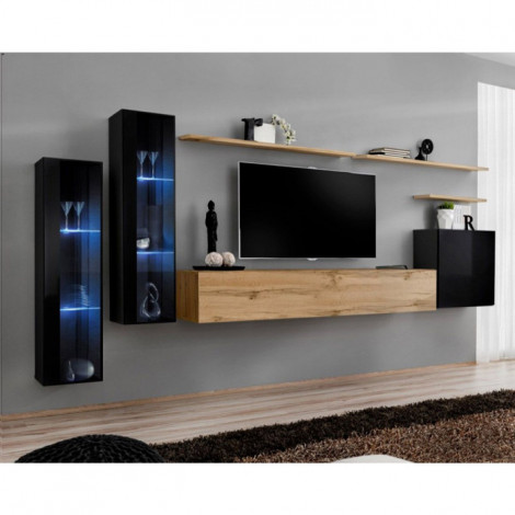 Meuble TV Mural Design "Switch XI" 330cm Noir & Naturel|Meuble TV|Paris Prix