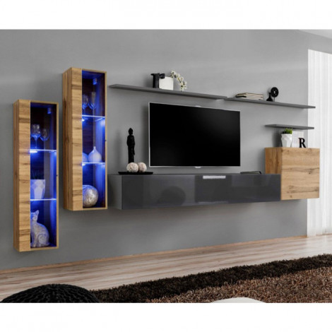 Meuble TV Mural Design "Switch XI" 330cm Naturel & Gris|Meuble TV|Paris Prix