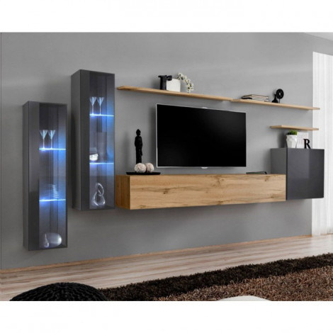 Meuble TV Mural Design "Switch XI" 330cm Gris & Naturel|Meuble TV|Paris Prix