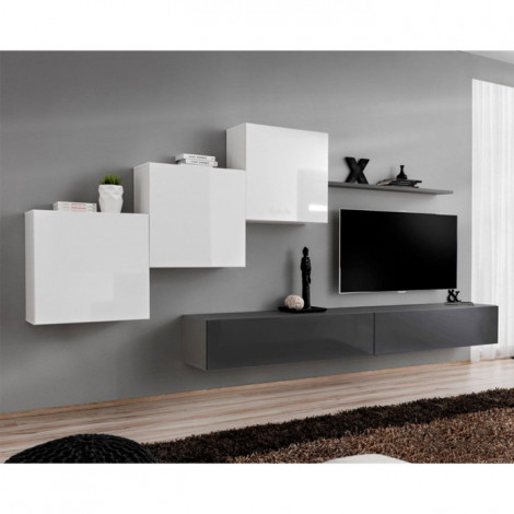 Meuble TV Mural Design "Switch X" 330cm Blanc & Gris|Meuble TV|Paris Prix