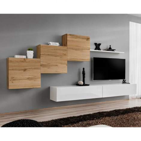 Meuble TV Mural Design "Switch X" 330cm Naturel & Blanc|Meuble TV|Paris Prix