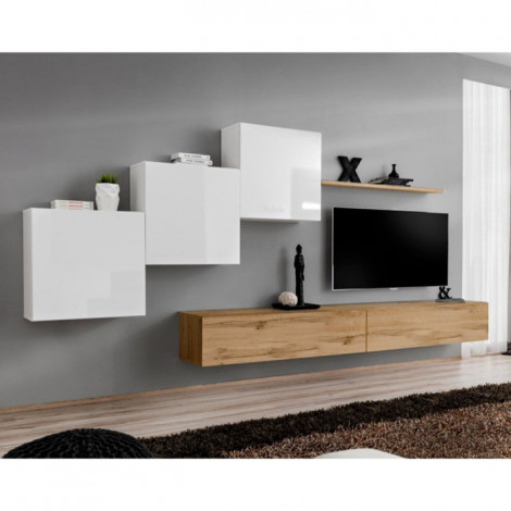 Meuble TV Mural Design "Switch X" 330cm Blanc & Naturel|Meuble TV|Paris Prix