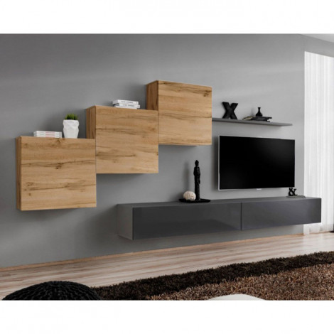 Meuble TV Mural Design "Switch X" 330cm Naturel & Gris|Meuble TV|Paris Prix