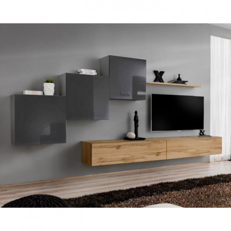 Meuble TV Mural Design "Switch X" 330cm Gris & Naturel|Meuble TV|Paris Prix