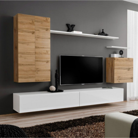Meuble TV Mural Design "Switch II" 270cm Naturel & Blanc|Meuble TV|Paris Prix