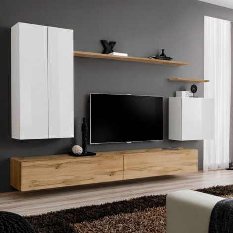 Meuble TV Mural Design "Switch II" 270cm Blanc & Naturel|Meuble TV|Paris Prix
