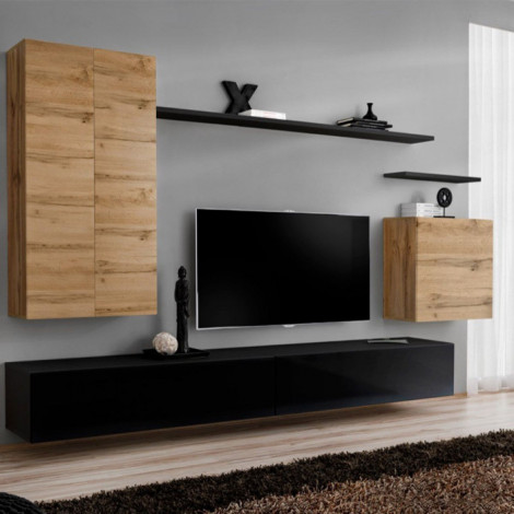 Meuble TV Mural Design "Switch II" 270cm Naturel & Noir|Meuble TV|Paris Prix