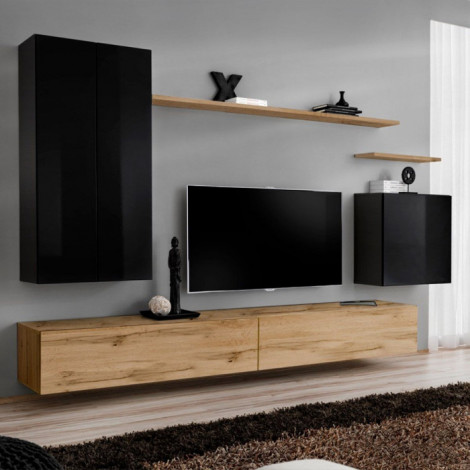 Meuble TV Mural Design "Switch II" 270cm Noir & Naturel|Meuble TV|Paris Prix