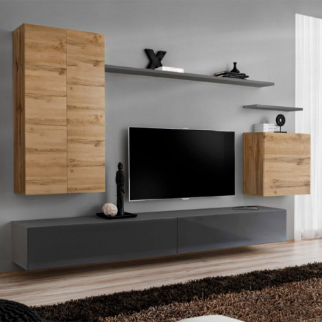 Meuble TV Mural Design "Switch II" 270cm Naturel & Gris|Meuble TV|Paris Prix