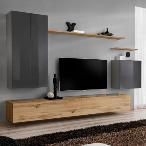 Meuble TV Mural Design "Switch II" 270cm Gris & Naturel|Meuble TV|Paris Prix