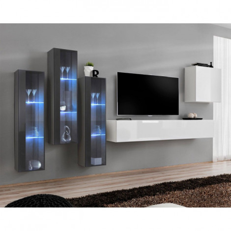 Meuble TV Mural Design "Switch XIII" 330cm Blanc & Gris|Meuble TV|Paris Prix