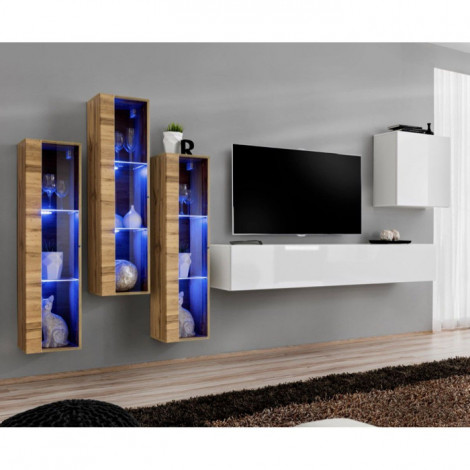 Meuble TV Mural Design "Switch XIII" 330cm Blanc & Naturel|Meuble TV|Paris Prix