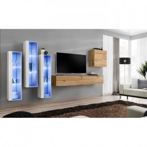 Meuble TV Mural Design "Switch XIII" 330cm Naturel & Blanc|Meuble TV|Paris Prix