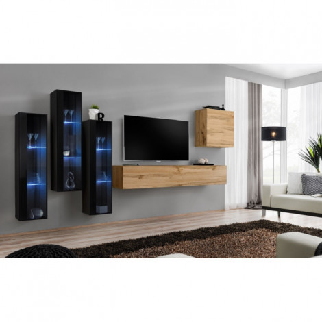 Meuble TV Mural Design "Switch XIII" 330cm Naturel & Noir|Meuble TV|Paris Prix