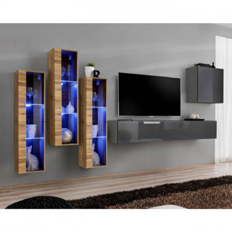 Meuble TV Mural Design "Switch XIII" 330cm Gris & Naturel|Meuble TV|Paris Prix