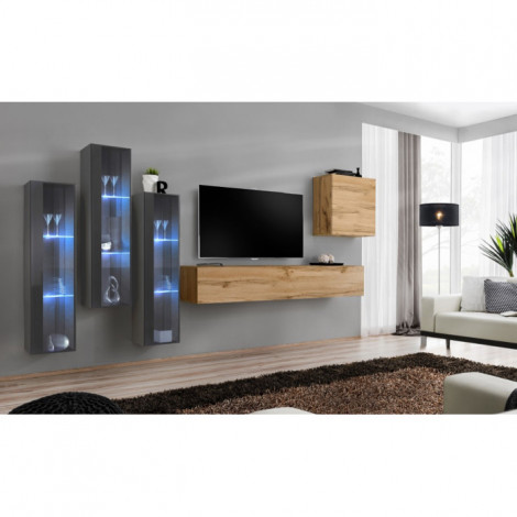 Meuble TV Mural Design "Switch XIII" 330cm Naturel & Gris|Meuble TV|Paris Prix