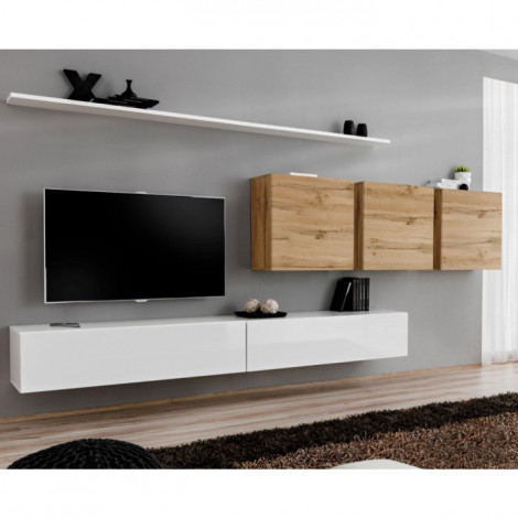 Meuble TV Mural Design "Switch VII" 340cm Blanc & Naturel|Meuble TV|Paris Prix