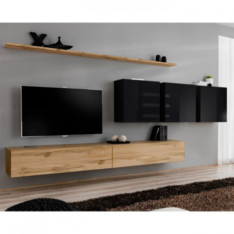 Meuble TV Mural Design "Switch VII" 340cm Naturel & Noir|Meuble TV|Paris Prix