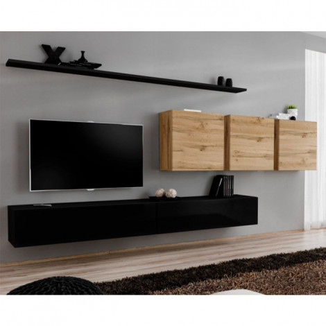 Meuble TV Mural Design "Switch VII" 340cm Noir & Naturel|Meuble TV|Paris Prix