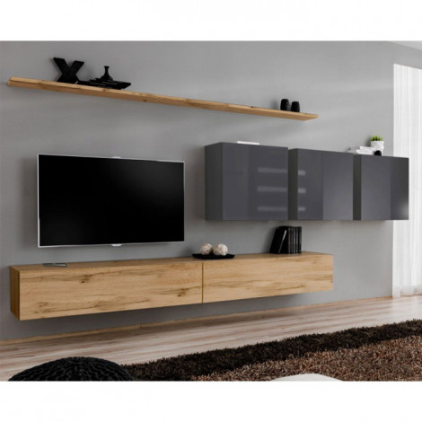 Meuble TV Mural Design "Switch VII" 340cm Naturel & Gris|Meuble TV|Paris Prix