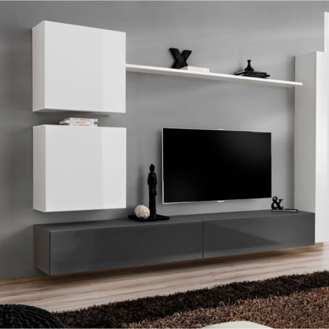 Meuble TV Mural Design "Switch VIII" 280cm Blanc & Gris|Meuble TV|Paris Prix
