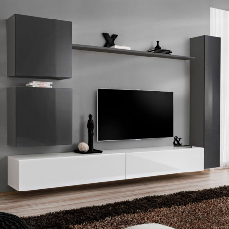 Meuble TV Mural Design "Switch VIII" 280cm Gris & Blanc|Meuble TV|Paris Prix