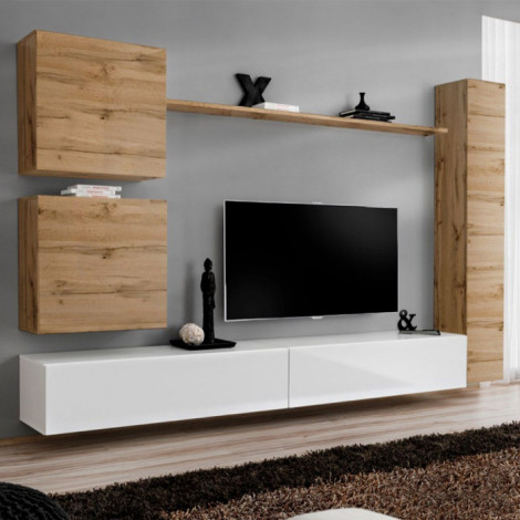 Meuble TV Mural Design "Switch VIII" 280cm Naturel & Blanc|Meuble TV|Paris Prix