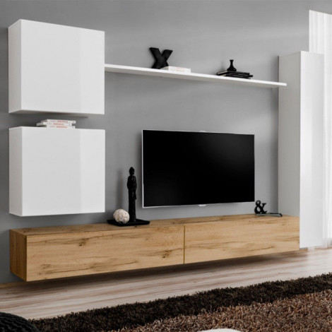 Meuble TV Mural Design "Switch VIII" 280cm Blanc & Naturel|Meuble TV|Paris Prix