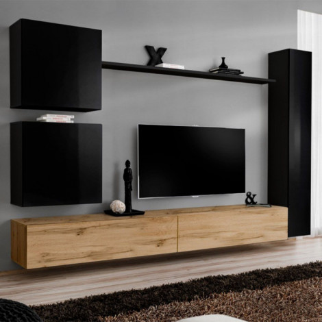 Meuble TV Mural Design "Switch VIII" 280cm Noir & Naturel|Meuble TV|Paris Prix