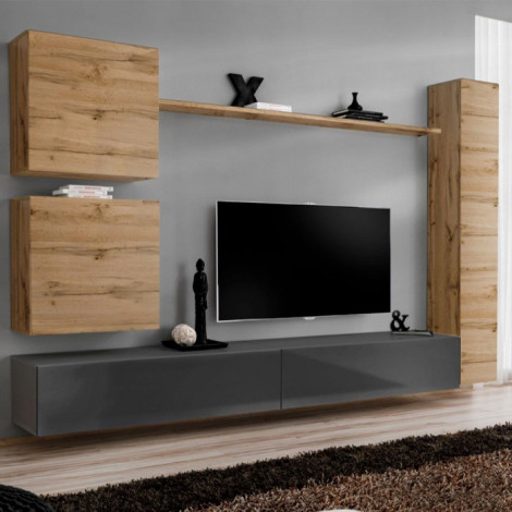 Meuble TV Mural Design "Switch VIII" 280cm Naturel & Gris|Meuble TV|Paris Prix