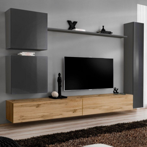 Meuble TV Mural Design "Switch VIII" 280cm Gris & Naturel|Meuble TV|Paris Prix