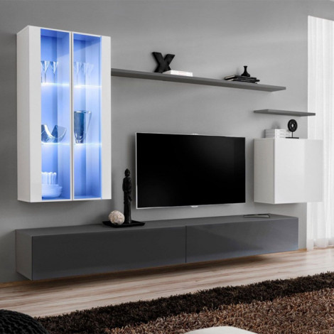 Meuble TV Mural Design "Switch XII" 270cm Blanc & Gris|Meuble TV|Paris Prix