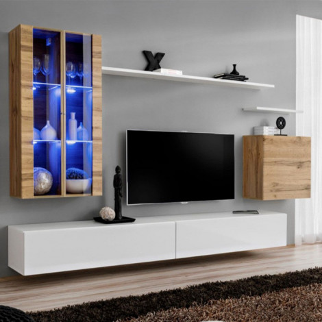 Meuble TV Mural Design "Switch XII" 270cm Naturel & Blanc|Meuble TV|Paris Prix