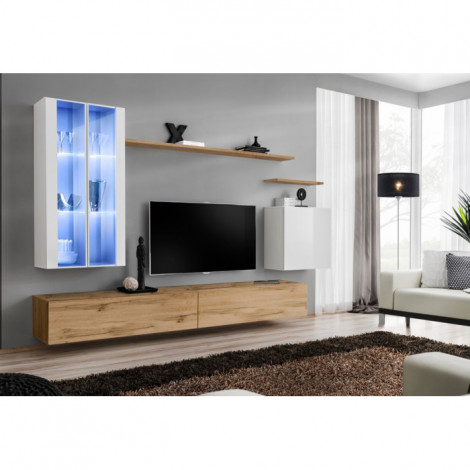 Meuble TV Mural Design "Switch XII" 270cm Blanc & Naturel|Meuble TV|Paris Prix